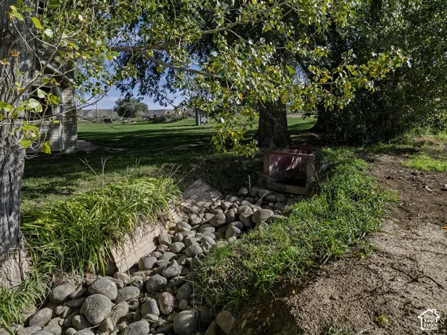 Mature trees providing natural shade, a dry creek bed with natural stone, and a green grass expanse