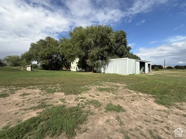 Expansive outdoor space featuring a detached building, a separate storage shed, and mature trees
