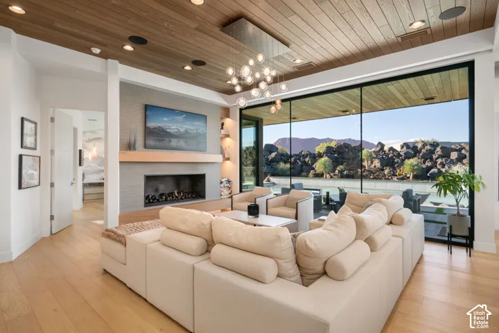 Wood-finish ceiling with recessed lighting