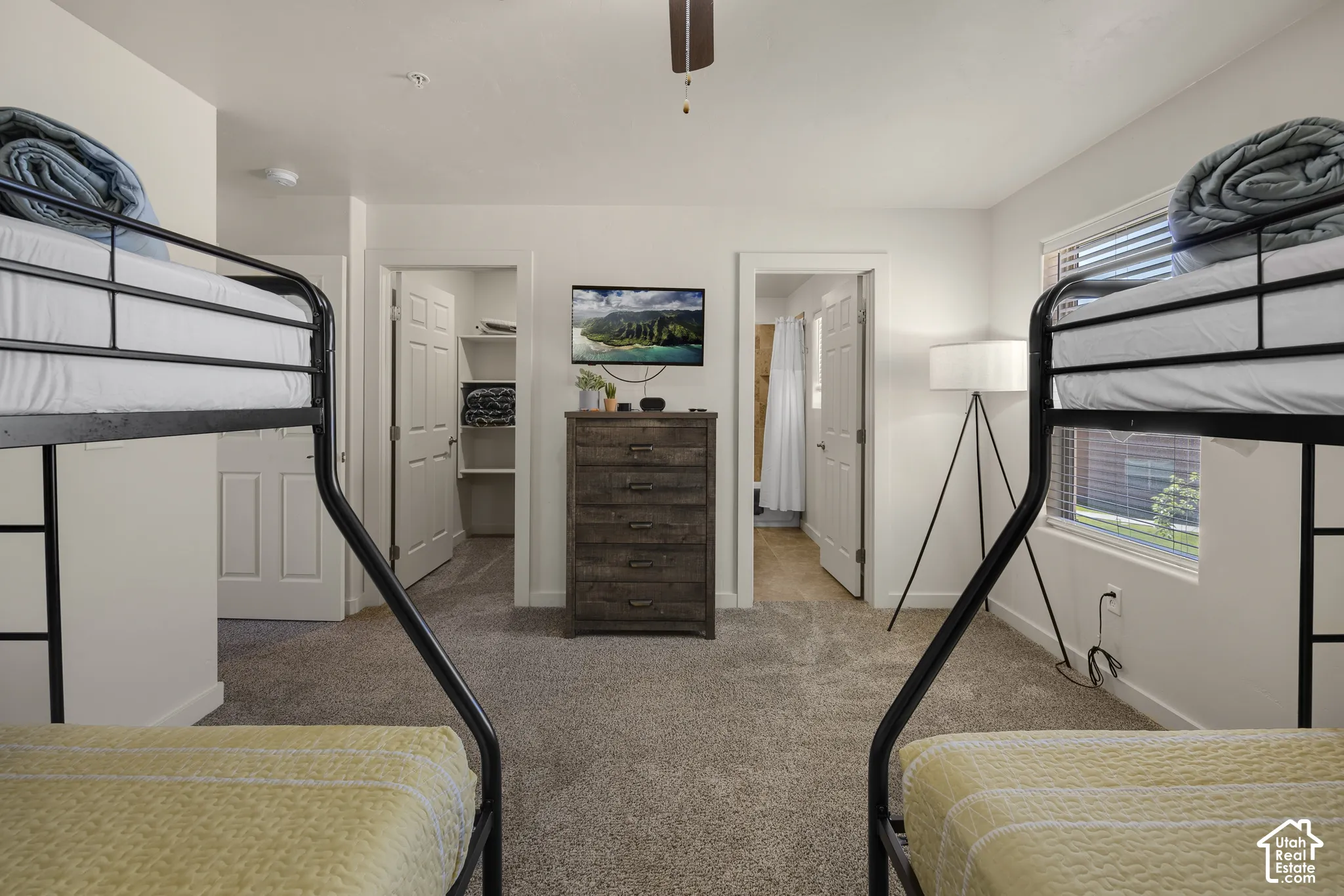 Soft carpet flooring, white painted walls, and a ceiling fan