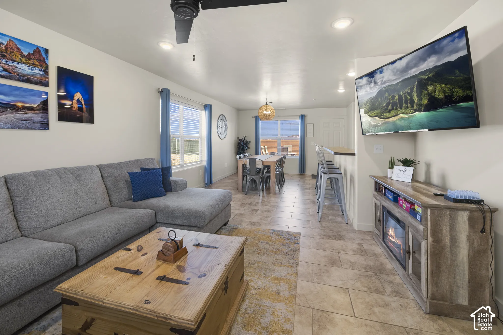 Open-concept living area with tiled flooring