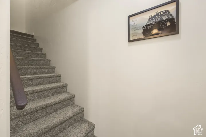 Carpeted staircase with a wood handrail