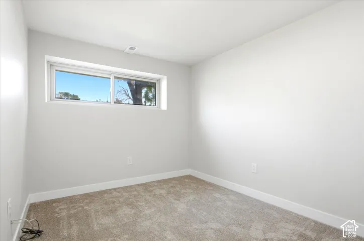 Neutral wall finishes, plush carpet flooring, recessed window, and white trim throughout