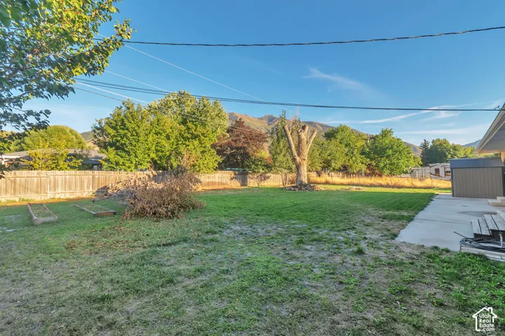 Expansive backyard featuring a concrete patio, wood fencing, a storage shed, and mature trees