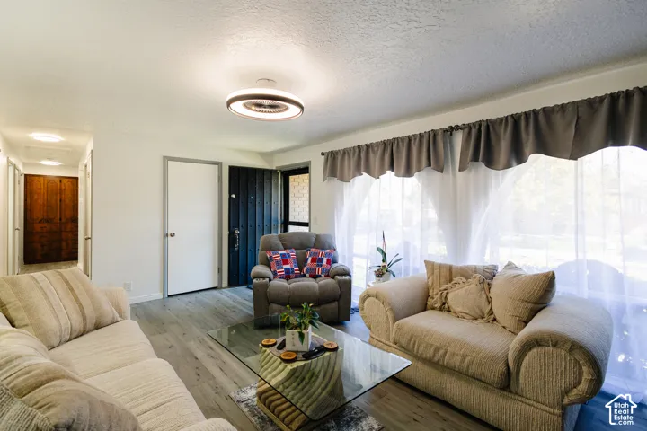 Spacious living area featuring wood-finish flooring, ample natural light, and a contemporary ceiling fixture