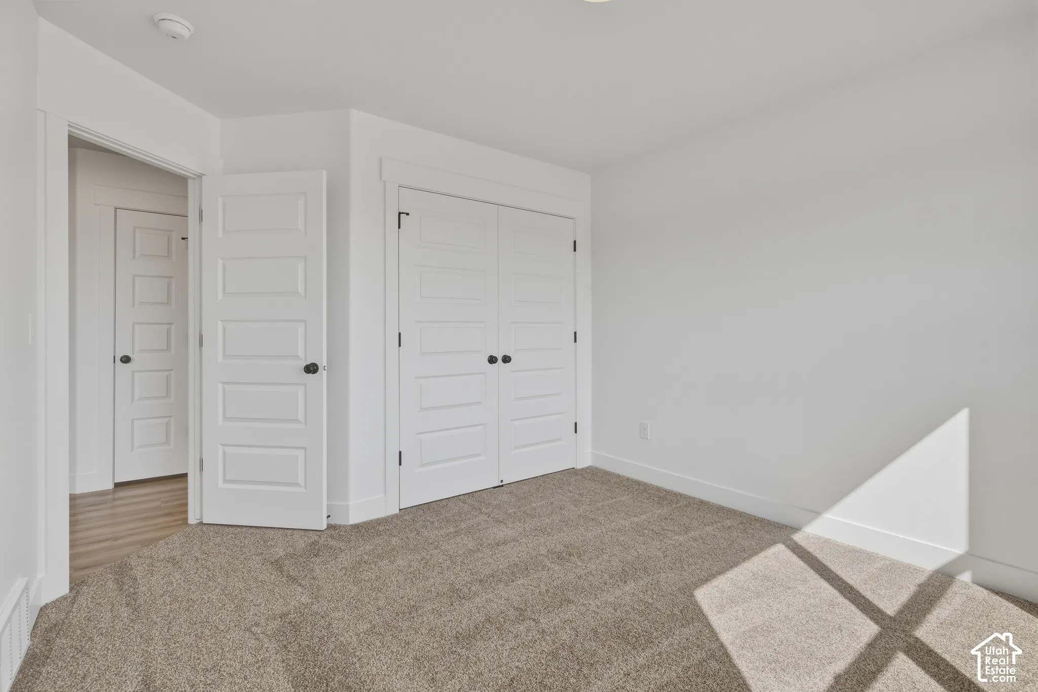 Wall-to-wall carpeting with multiple panel interior doors and contrasting black hardware