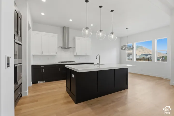 Gourmet kitchen with a large central island, light wood-finish flooring, built-in stainless steel appliances, and pendant lighting