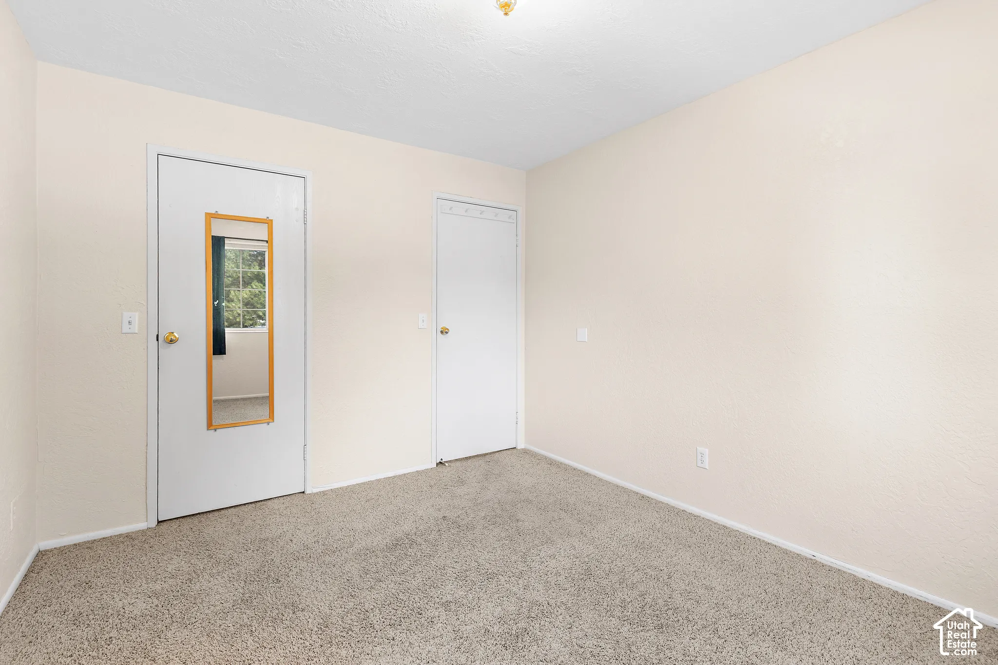 Carpeted flooring, neutral wall color, and two solid panel doors