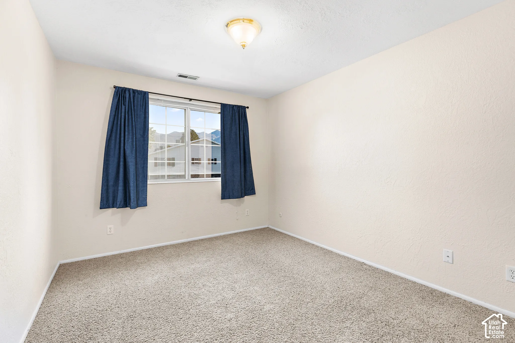 Soft textured carpeting, white painted walls, central overhead lighting, and a multi-pane window