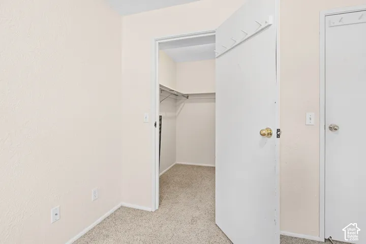 Recessed closet with built-in shelving, textured walls, and carpet flooring