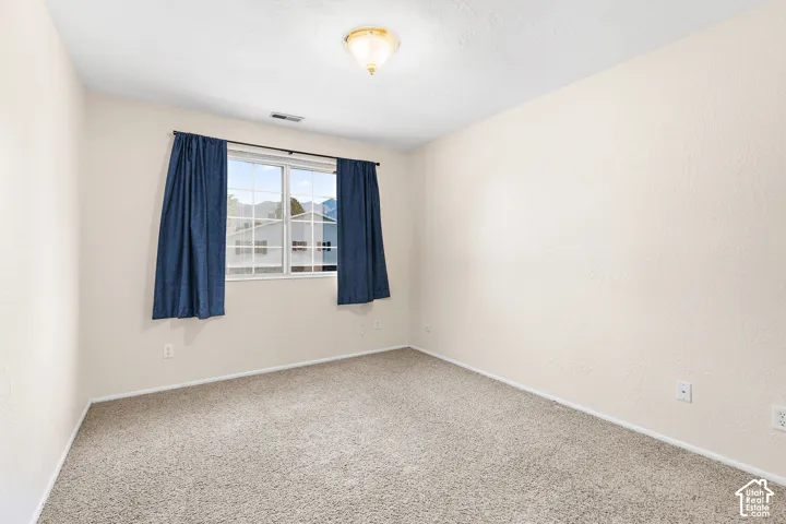 Soft textured carpeting, white painted walls, central overhead lighting, and a multi-pane window