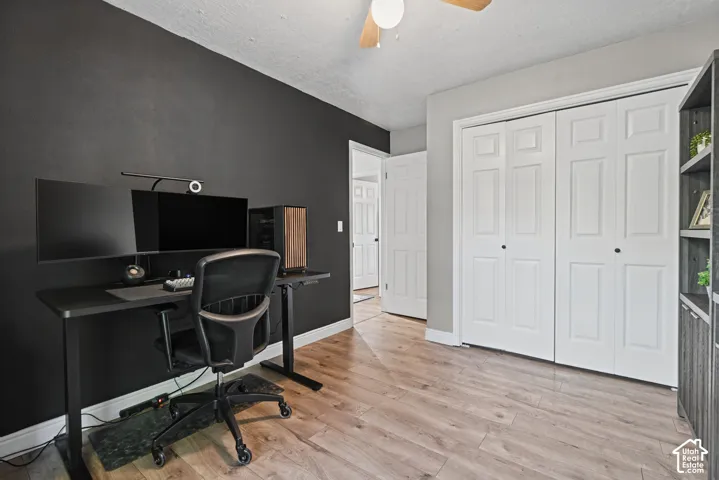 Room featuring wood-finish flooring, a ceiling fan, and white bi-fold closet doors