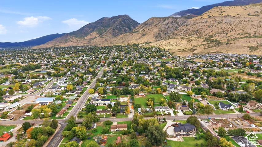 Expansive residential area featuring a prominent mountain backdrop, numerous established trees, and a clear sky