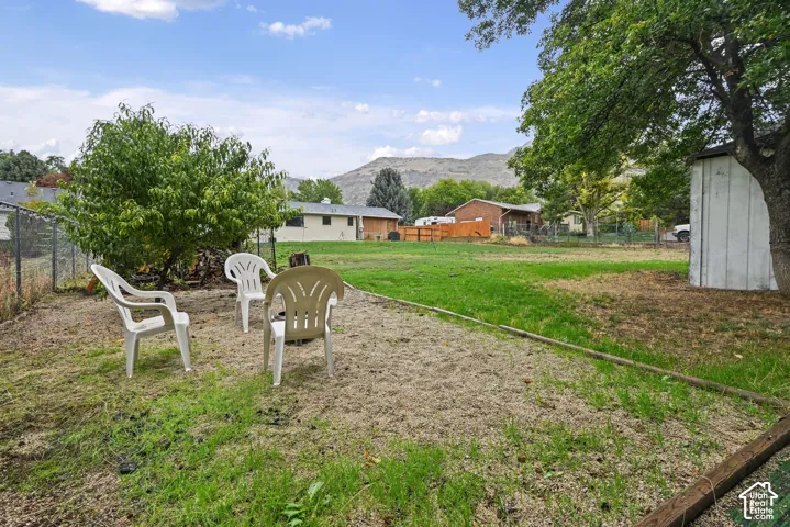 Expansive green space featuring a storage shed, mature trees, and a chain-link fence