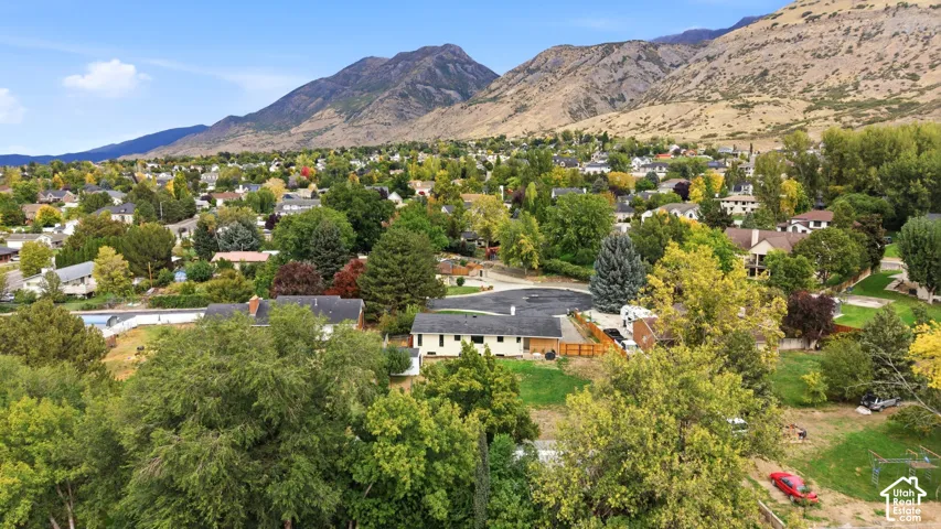 Residential community with varied rooflines and mature trees, set against a mountain backdrop