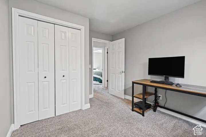 Carpeted flooring, white bi-fold closet doors, white trim, and light gray wall paint