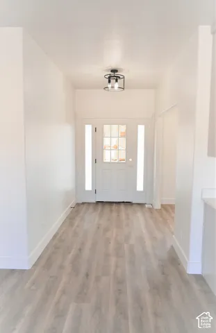 Foyer featuring wood-finish flooring, a white paneled entry door with glass inserts, two vertical sidelight windows, and a black metal semi-flush mount light fixture