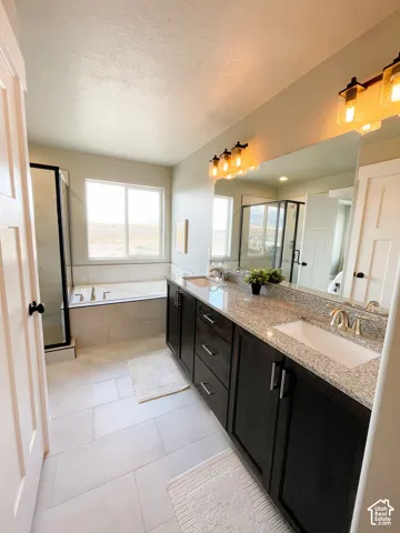 Double vanity with granite countertop, integrated sinks, and dark wood cabinetry