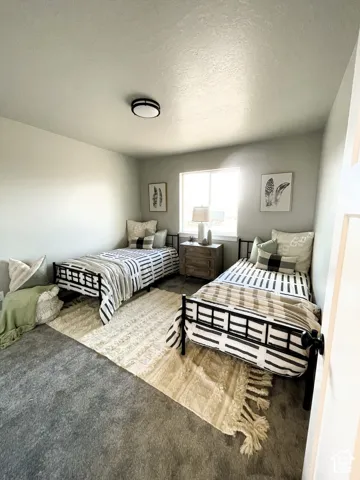 Neutral wall color, a flush-mount ceiling light, window providing natural illumination, and dark carpeting