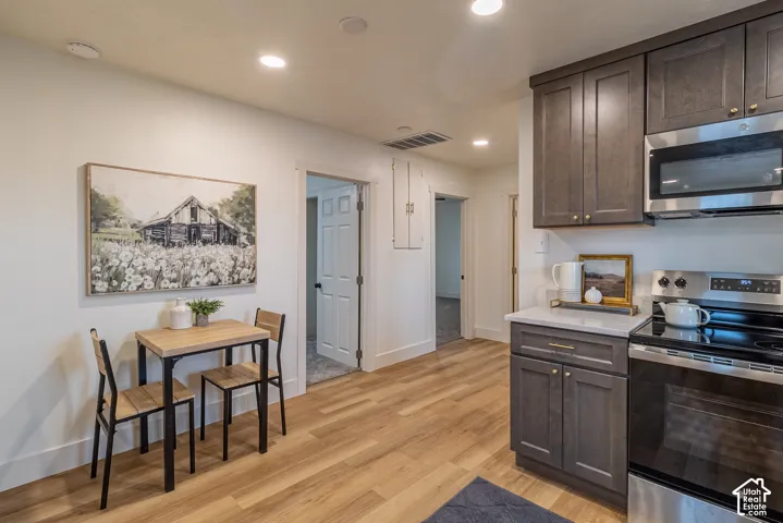 Modern kitchen featuring wood-finish flooring, dark wood-finish cabinetry with gold-tone hardware, a white countertop, and stainless steel appliances