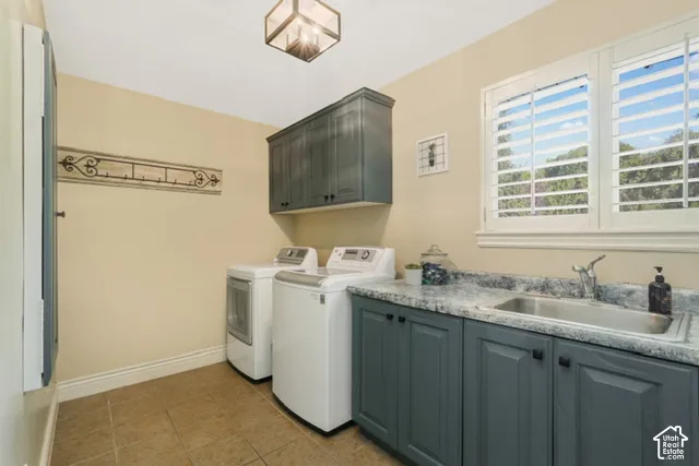 Laundry area featuring gray cabinetry, a utility sink, and tile flooring