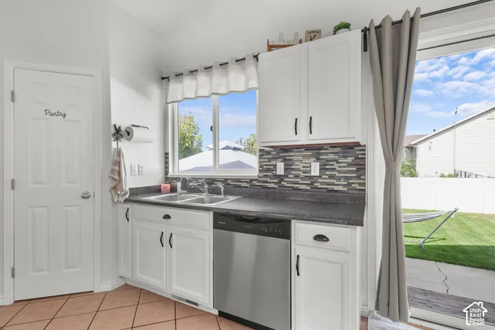 White cabinetry with dark hardware, a mosaic tile backsplash, stainless steel dishwasher, double basin sink, and direct access to a fenced backyard