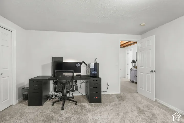 Soft gray carpeting, white painted walls, and white trim throughout