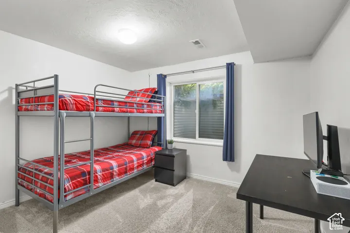 White walls, light gray carpet, and a white ceiling with a flush-mount light fixture
