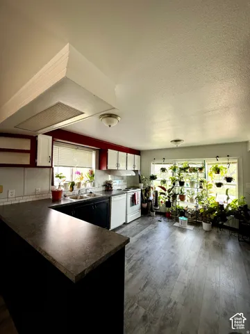 Kitchen featuring wood-finish flooring, white subway tile backsplash, white upper cabinetry, white appliances, and abundant natural light
