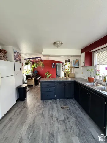 Open-concept kitchen featuring wood-finish flooring, dark-toned cabinetry, light-toned countertops, and a double basin stainless steel sink