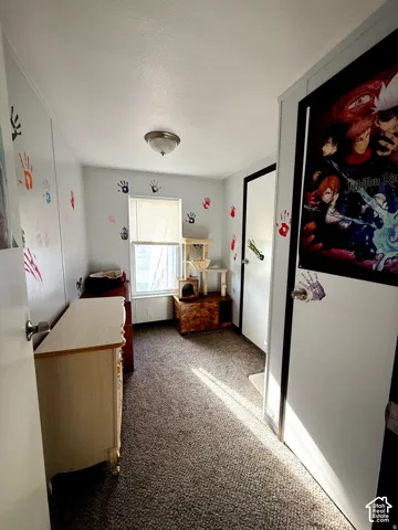 Carpeted flooring, white walls, overhead light fixture, and a window for natural illumination