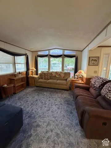 Tray ceiling with integrated lighting, wood paneling, and large windows