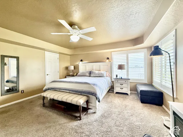Tray ceiling with textured finish, white ceiling fan with light, white plantation shutters, and light-toned carpeting