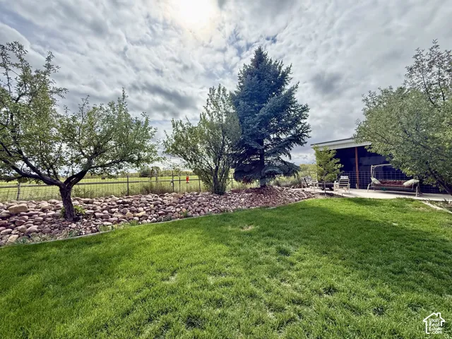 Expansive green lawn with mature trees and a rock-lined garden bed