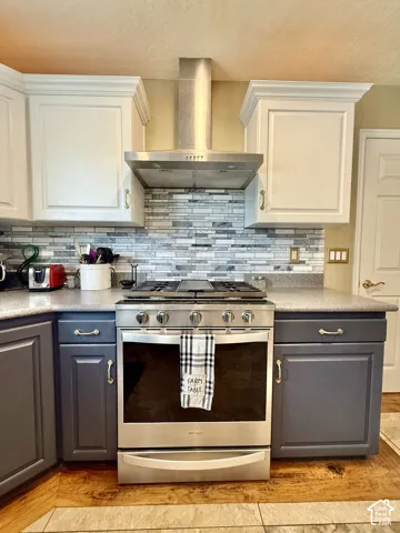 Stainless steel range with a coordinating hood, two-tone cabinetry, tiled backsplash, and wood-finish flooring
