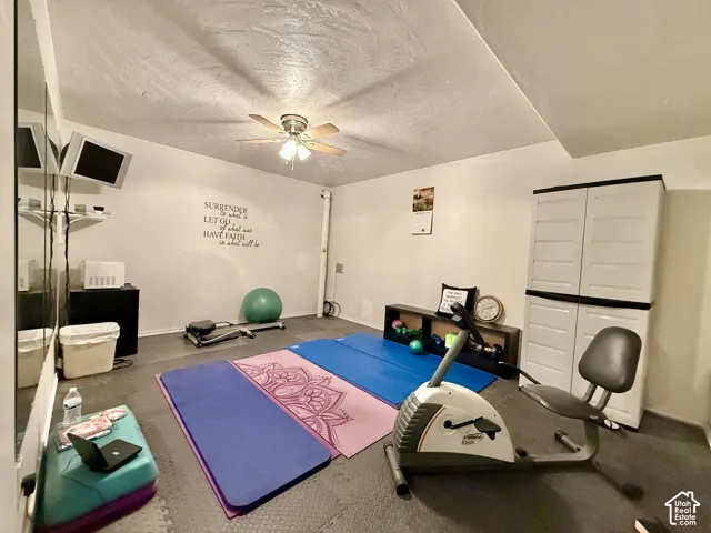 Ceiling fan with integrated lighting, wall-mounted shelving, built-in storage cabinet, and durable flooring