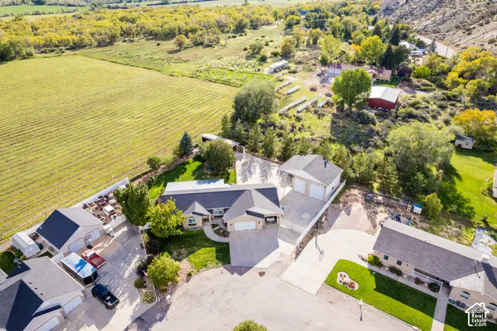 Expansive property featuring multiple structures, paved driveways, a manicured lawn, and mature trees