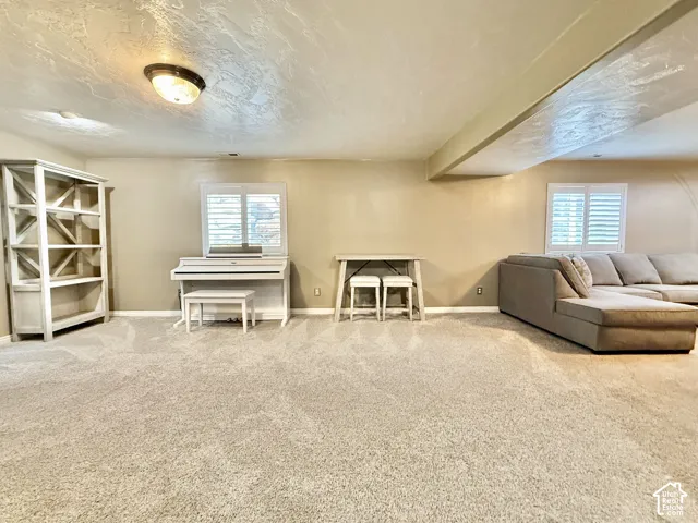 Carpeted flooring throughout, recessed window, and flush mount ceiling light fixture