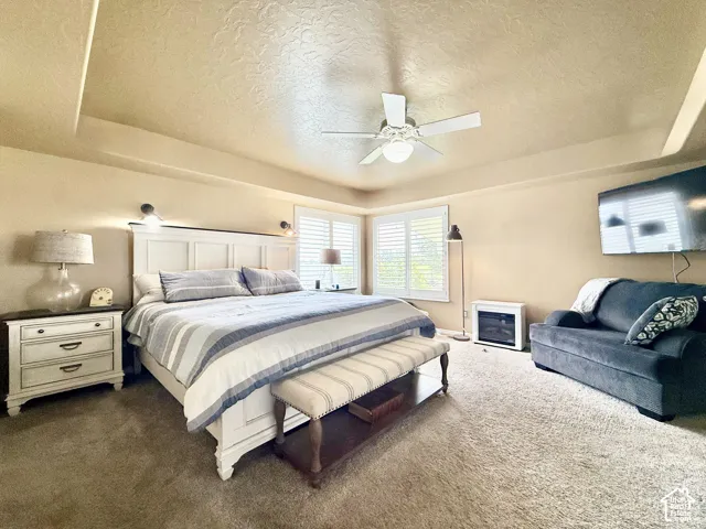 Tray ceiling with recessed lighting and a ceiling fan
