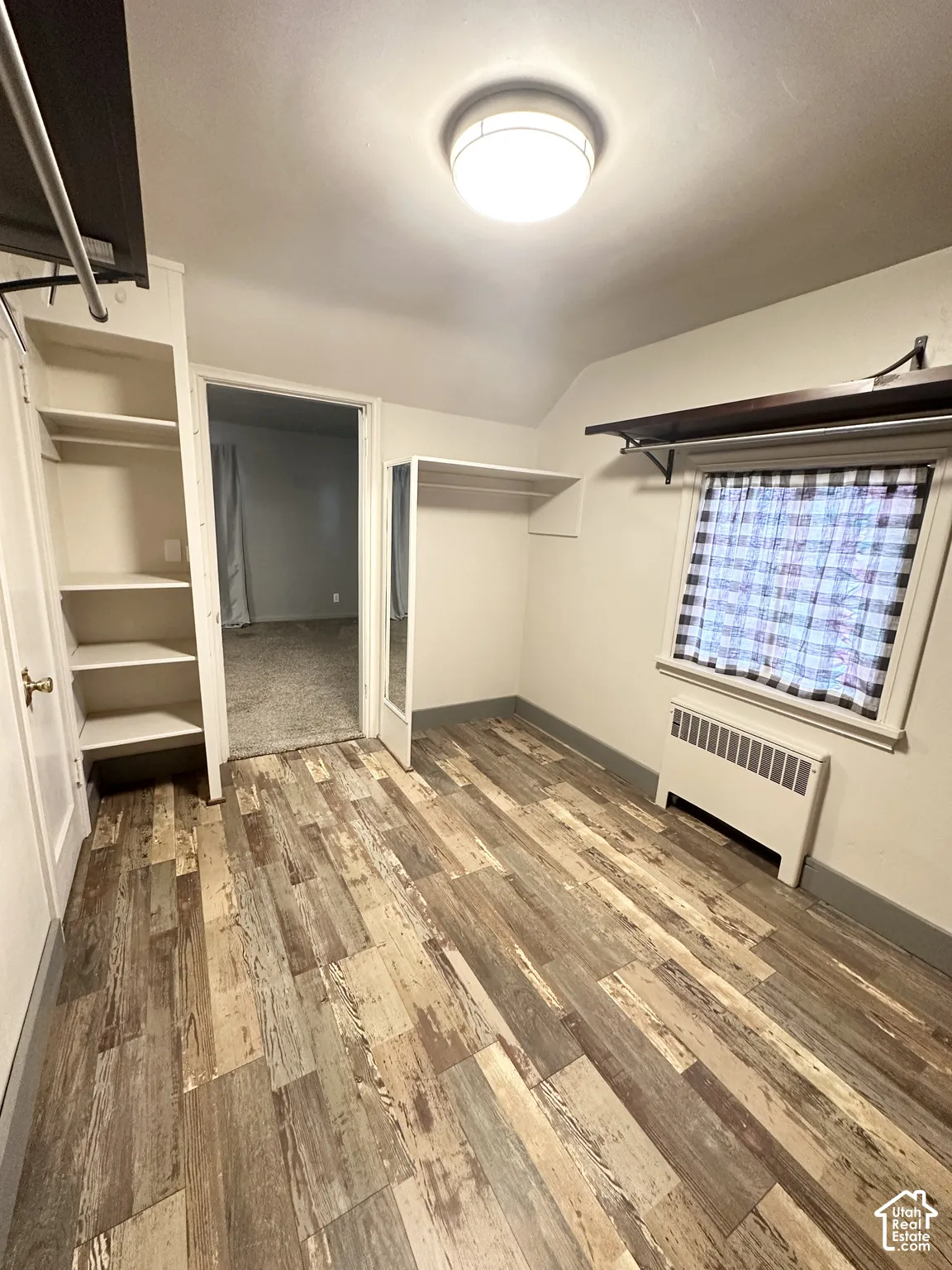 Wood-finish flooring with built-in shelving, a ceiling-mounted light fixture, and a wall-mounted radiator