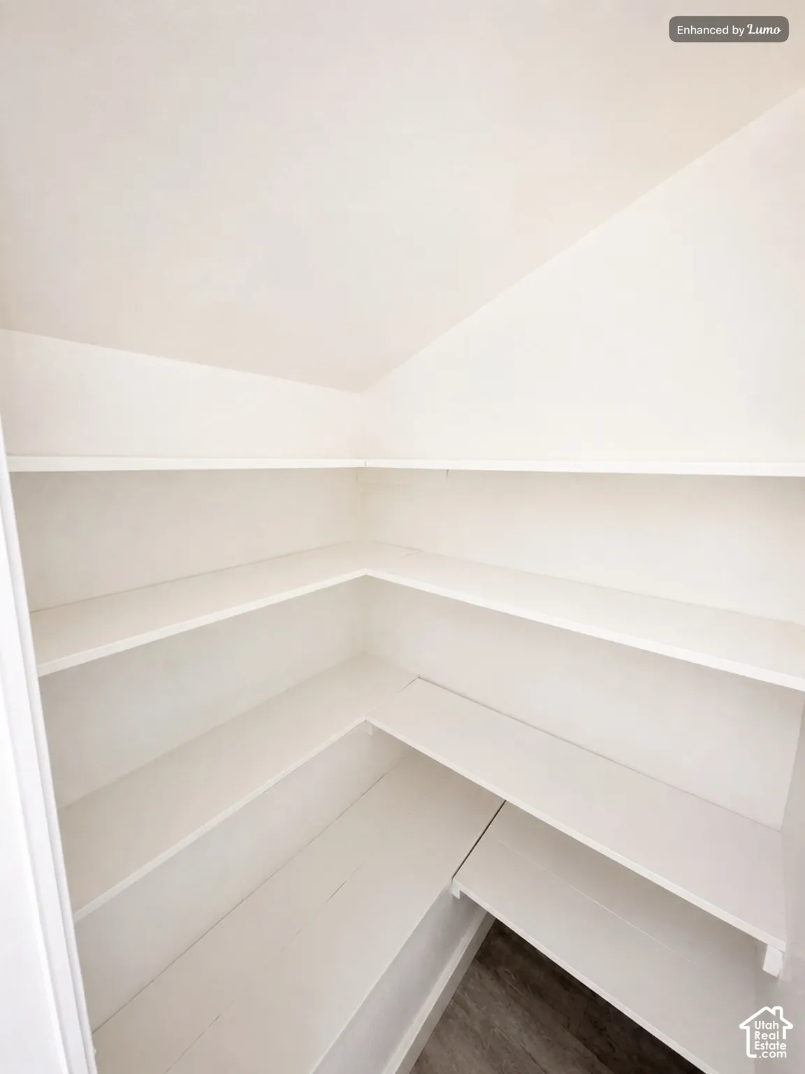 Spacious walk-in closet featuring multiple built-in shelving units with clean lines and generous storage capacity