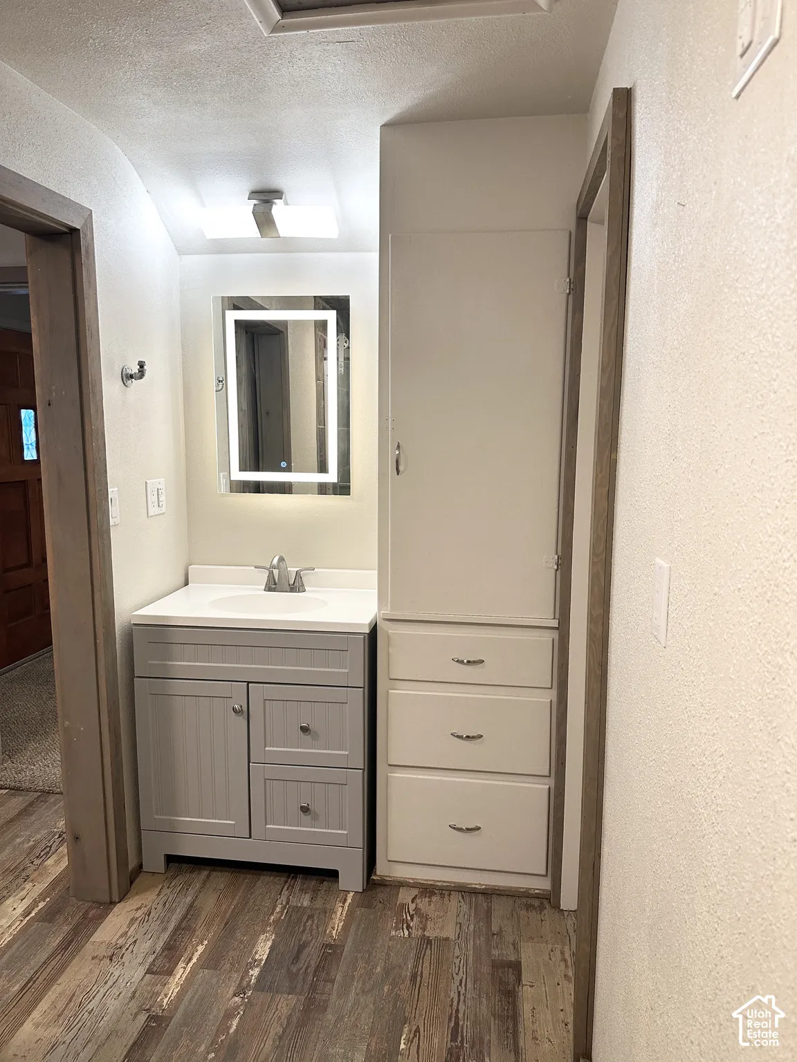 Wood-finish flooring with a modern vanity, integrated sink, and illuminated mirror