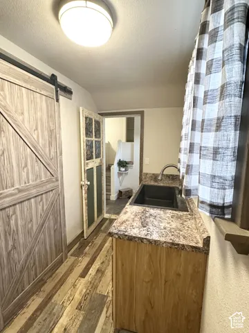 Wood-finish flooring, barn-style sliding door, utility sink, counter space, and integrated light fixture