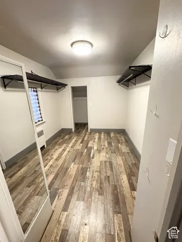Wood-finish plank flooring, ceiling-mounted light fixture, built-in shelving, and a window with a radiator below
