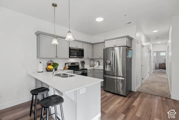Kitchen featuring light gray cabinetry, stainless steel appliances, white countertops, and wood-finish flooring