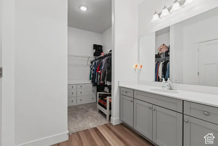 Wood-finish flooring leading to a vanity area with light grey cabinetry, white countertop, and integrated sink