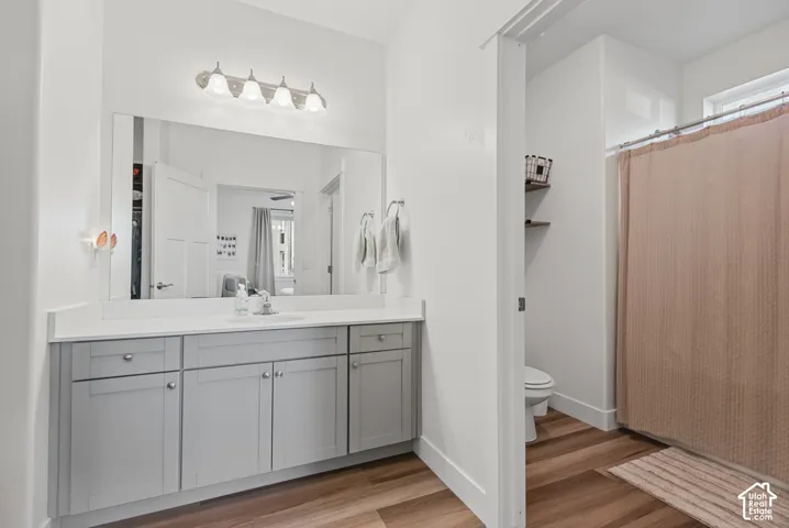 Spacious bathroom featuring a large vanity with ample storage, a white countertop, and wood-finish flooring