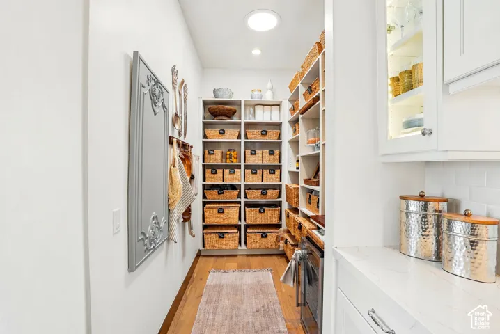 Dedicated pantry space featuring extensive built-in shelving, recessed lighting, and wood-finish flooring