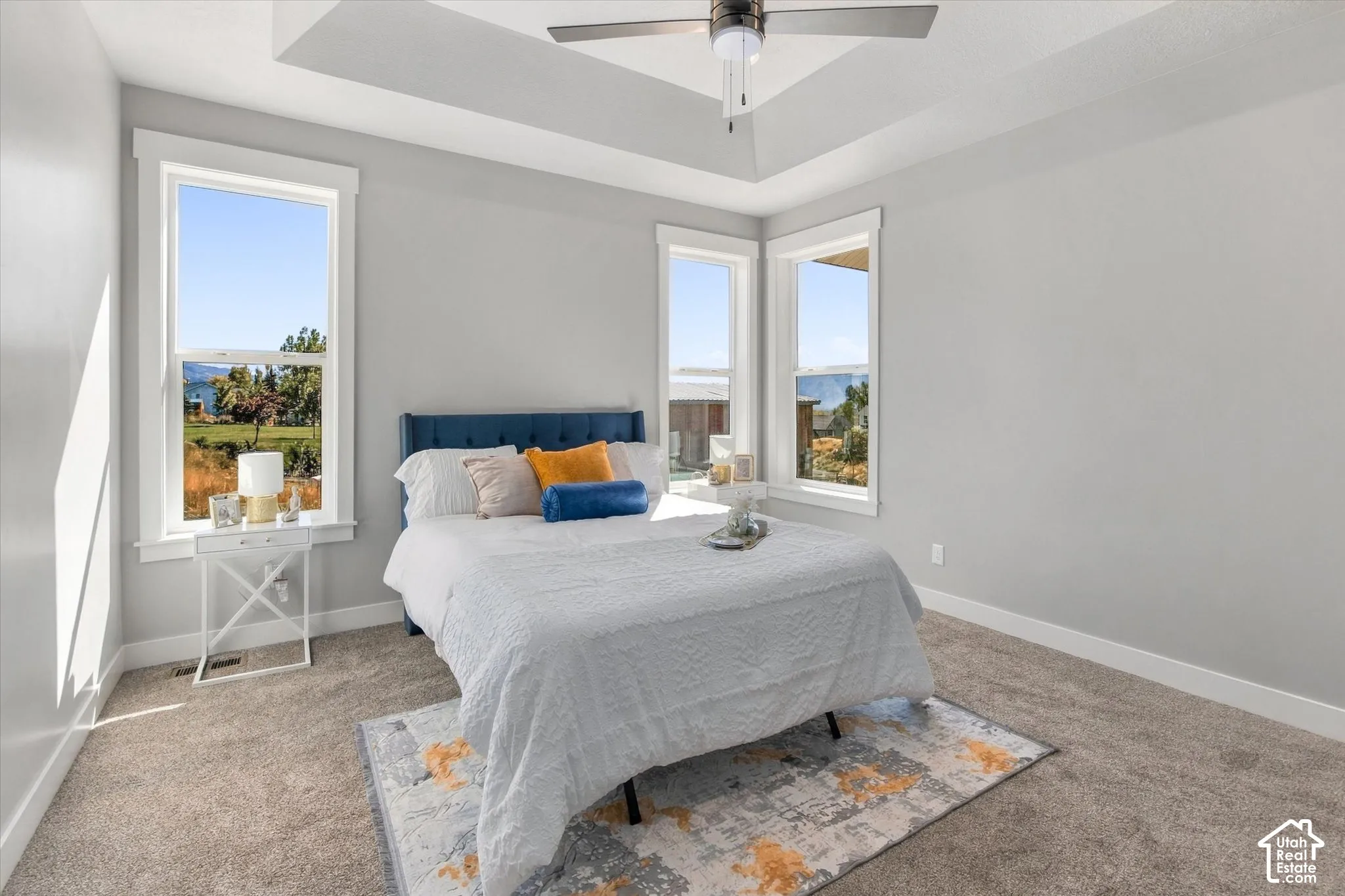 Tray ceiling with an installed ceiling fan, multiple windows with white trim, and neutral-toned carpeting