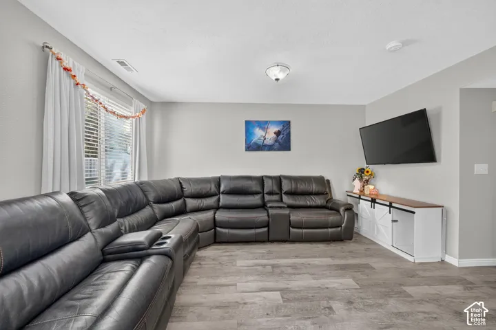 Wood-finish flooring with light gray walls, window with blinds and curtains, and a flush mount ceiling light